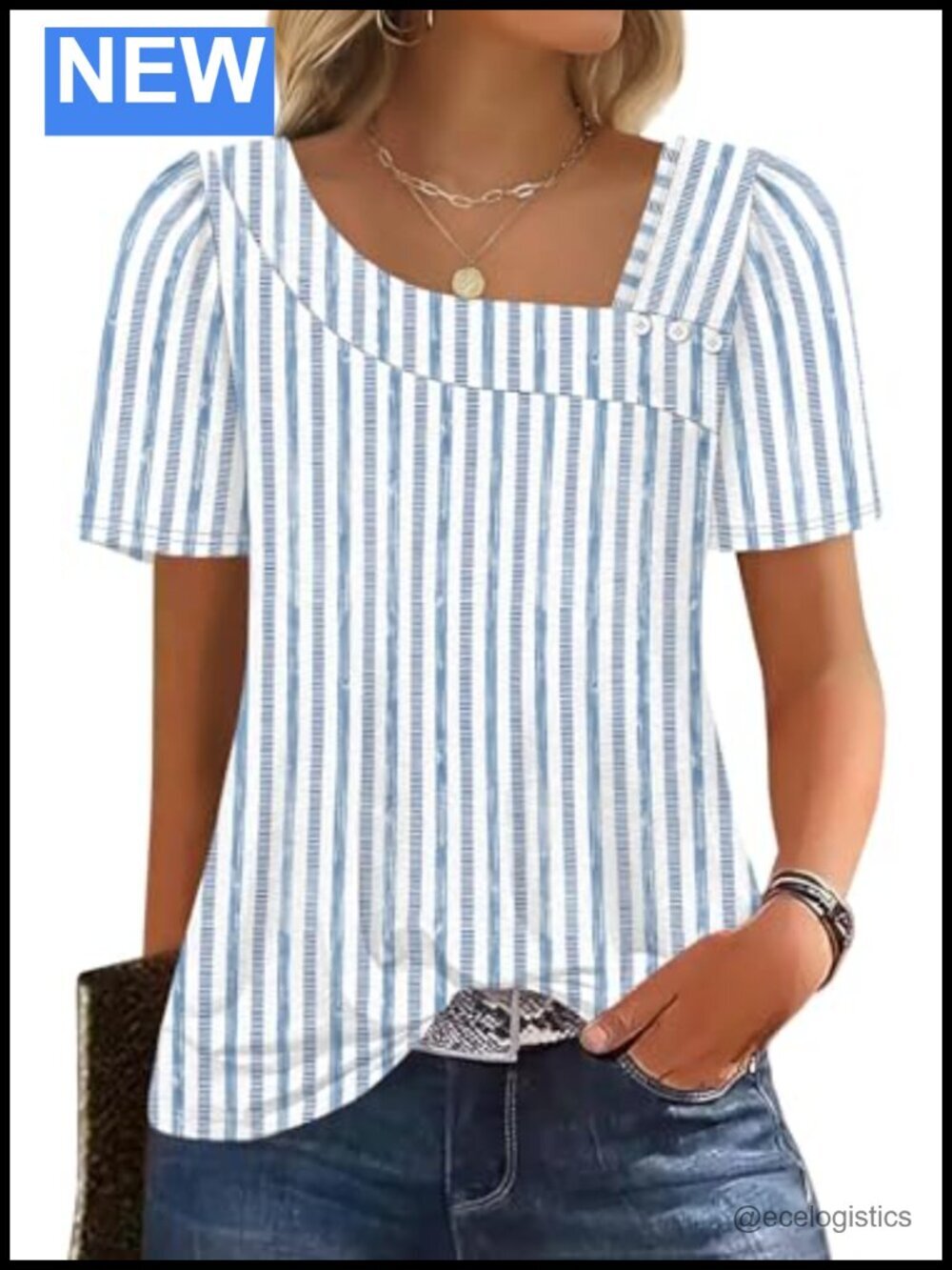 Square Neck Puff Sleeve Short Sleeve T-Shirt Blouse 60%Polyester 35%Rayon